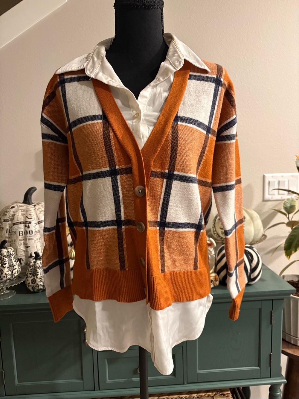 Rachel Zoe Orange and Cream Plaid Button-Front Cardigan
